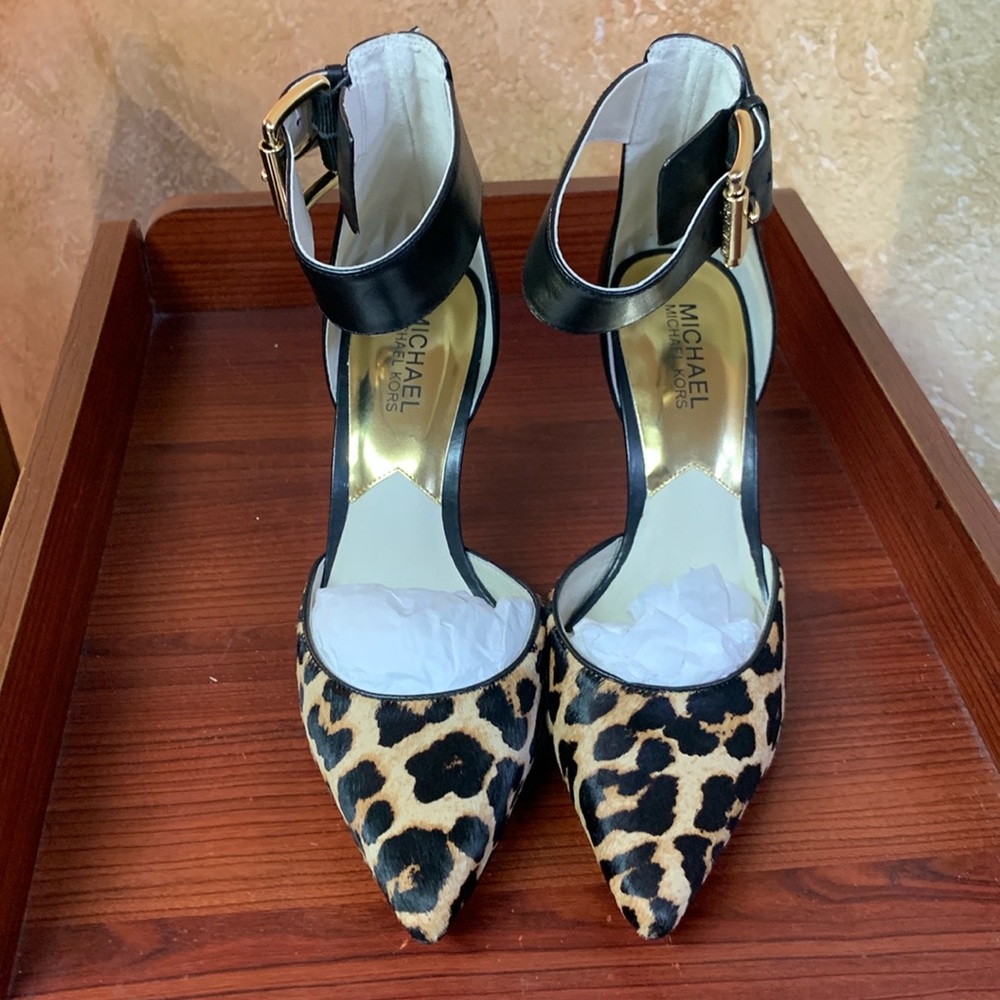 Micheal Kors dyed calf hair leather ankle strapped pumps